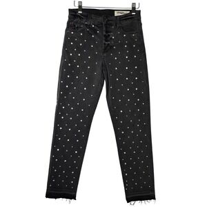 Pistola Rhinestone Studded Skinny Jeans Black Button Fly Raw Hem Womens Size 26